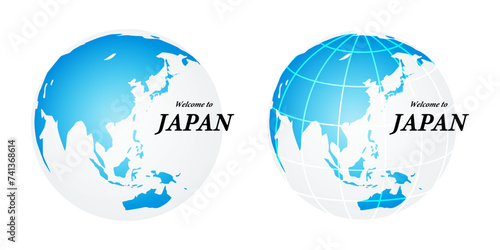 シンプルな青い地球のアイコン、ようこそ日本への英語文字。グローバルビジネスのデザインマーク、ベクターイラストアイコン素材 photo