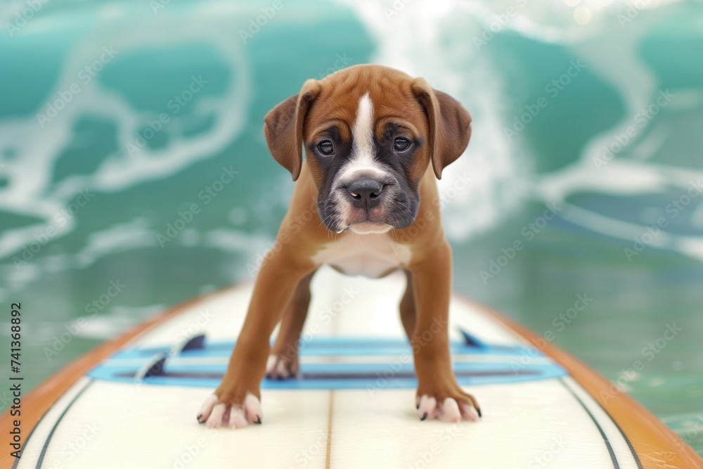 boxer puppy on surfboard with approaching wave