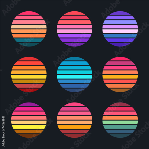 Vintage sunset collection. Colorful striped sunrise badges in 80s and 90s style. Sun and ocean view, summer vibes, surfing. Design element for print, logo or t-shirt. Vector illustration