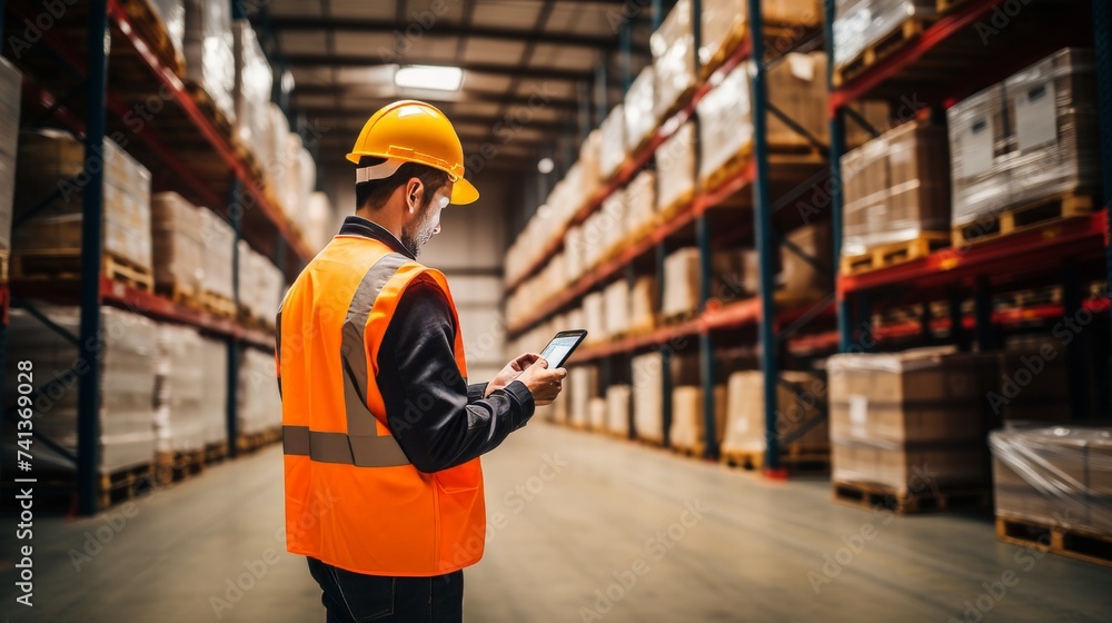 Warehouse manager using software to check delivery and stock on computer and phone with contractor Warehouse manager using software to check delivery and stock on computer and phone with contractor