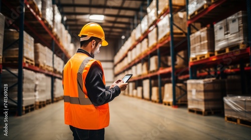 Warehouse manager using software to check delivery and stock on computer and phone with contractor photo