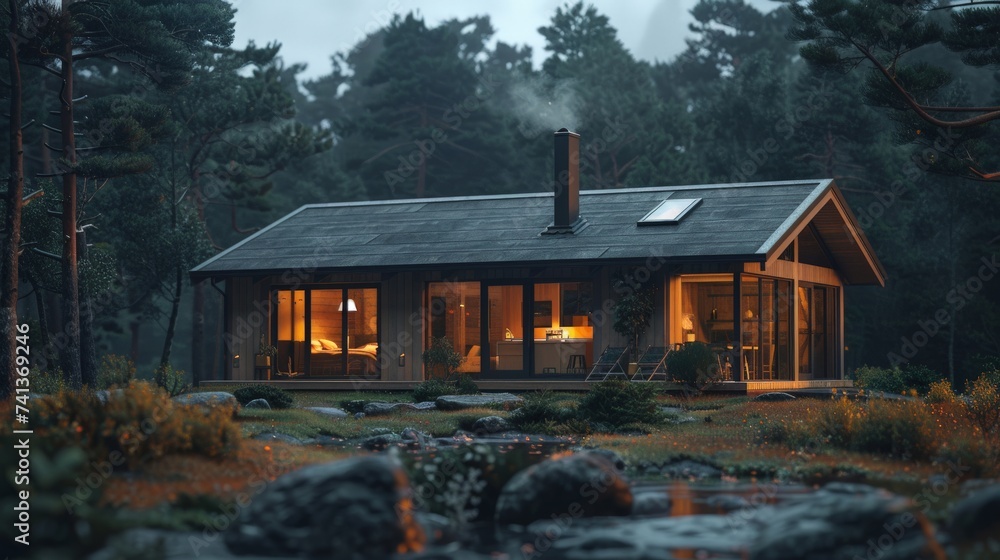Scandinavian simplicity exterior, a timber-clad cabin with large windows, and a minimalistic aesthetic that embraces nature, promoting a sense of calm and comfort, outside building - obrazy, fototapety, plakaty 