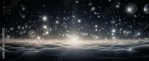 Ethereal cosmic landscape with glowing orbs and light streams