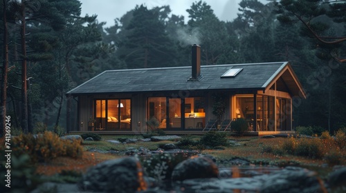 Scandinavian simplicity exterior, a timber-clad cabin with large windows, and a minimalistic aesthetic that embraces nature, promoting a sense of calm and comfort, outside building © arhendrix