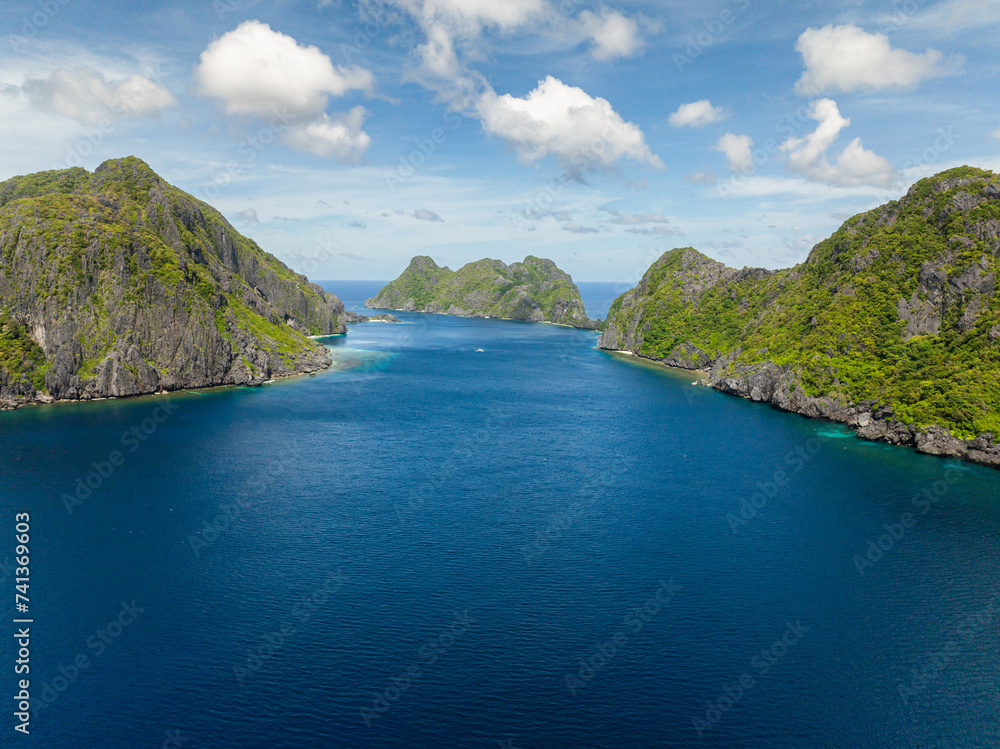Tropical landscape of blue sea and Islands in El Nido, Palawan. Philippines.