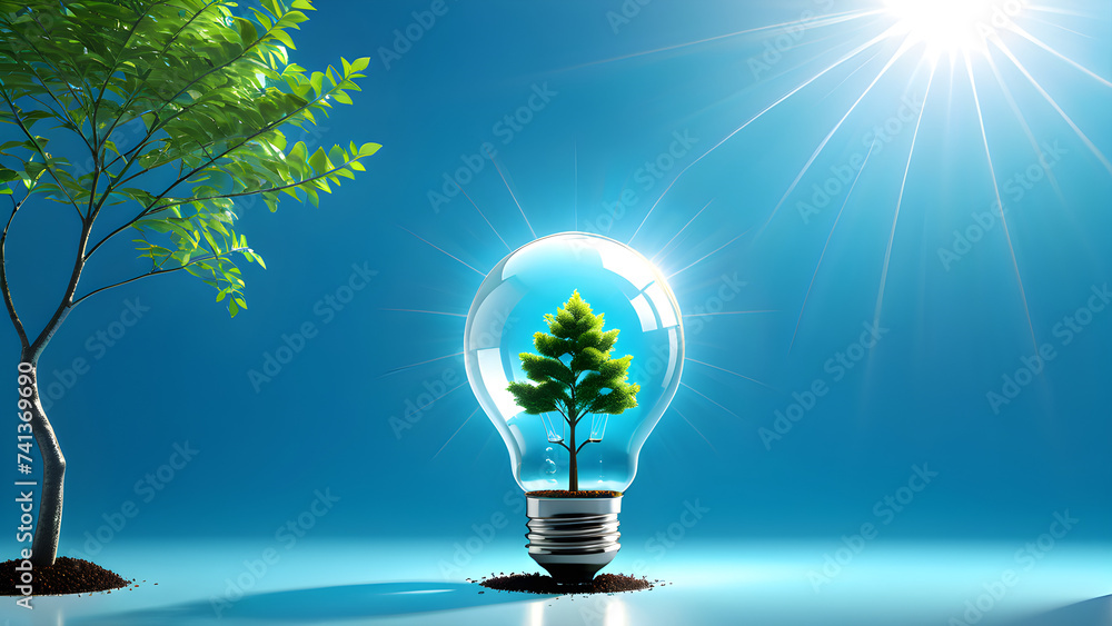 illustration image, there is a concept of energy power in nature depicted by a lightbulb with a small tree and sunshine, symbolizing eco-friendliness. illustration image, there is a concept of energy power in nature depicted by a lightbulb with a small tree and sunshine, symbolizing eco-friendliness.