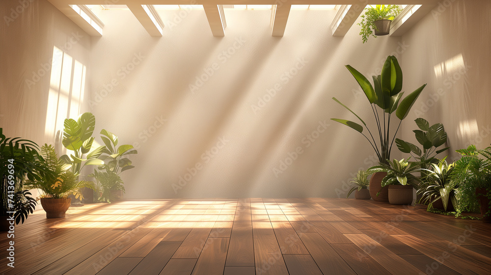 modern contemporary loft, empty and adorned with select plants on a wooden floor. - obrazy, fototapety, plakaty 