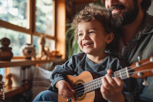 Father and Child's Musical Bonding Time: Sharing Ukulele Melodies in Warm Home Ambiance