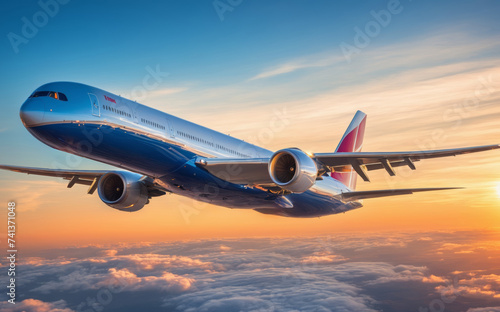 Airplane flying above the clouds at sunset