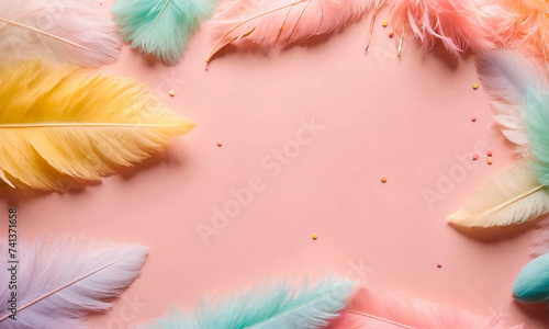 beautiful easter background with feathers. Selective focus.