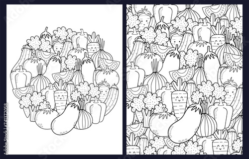 Doodle vegetables coloring pages set in US Letter format. Black and white healthy food background templates for coloring book with eggplant, tomato, broccoli and others. Vector illustration