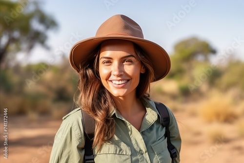 Portrait of a beautiful young woman with hat smiling in the desert