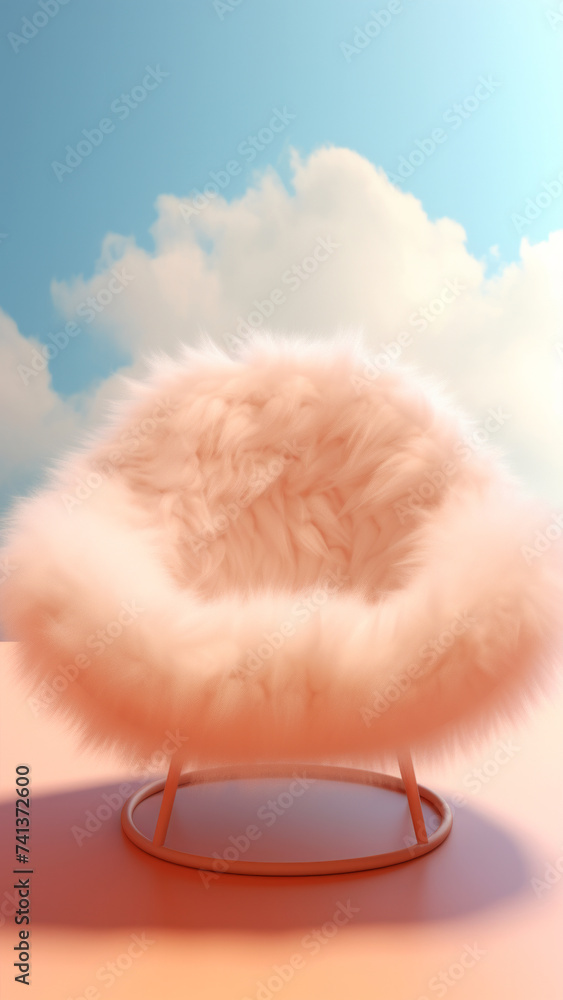 A plush peach color fluffy fur armchair on a blue sky background with cozy clouds. Modern trendy hue shade concept A plush peach color fluffy fur armchair on a blue sky background with cozy clouds. Modern trendy hue shade concept