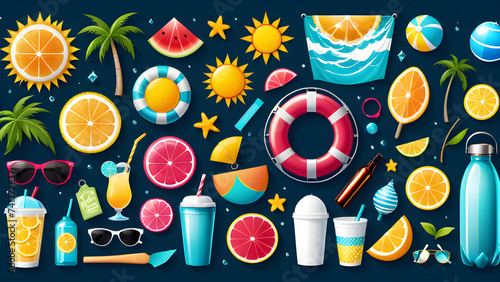 in this illustration image, there is a set of isolated summer beach icons representing various summer items photo