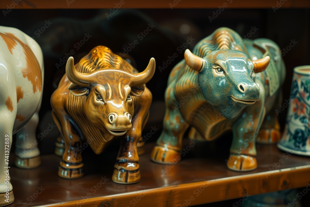 Fototapeta premium ceramic bull and bear on a stock market analysts shelf