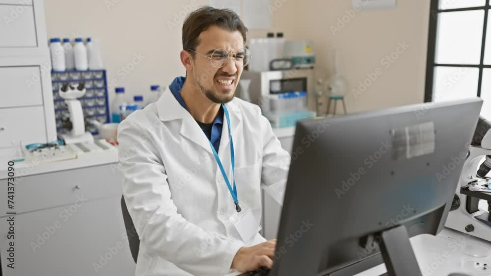 A young hispanic man with a beard works attentively in a laboratory indoors, analyzing data on a computer A young hispanic man with a beard works attentively in a laboratory indoors, analyzing data on a computer