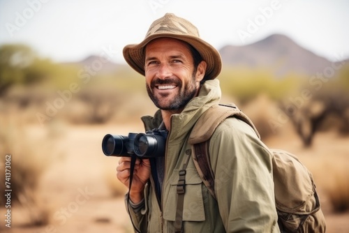 Portrait of a smiling hiker holding binoculars in the desert © Nerea
