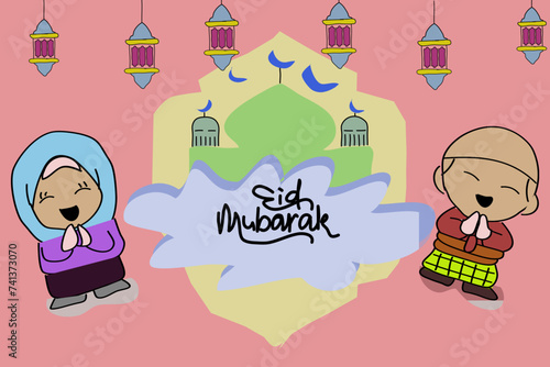 cute eid mubarak vector with a Muslim couple 