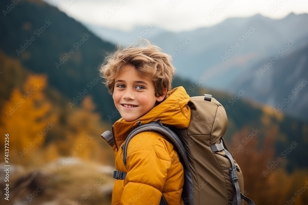 Portrait of a boy with backpack on the background of autumn mountains