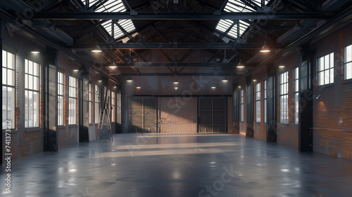 A vast empty old warehouse interior in industrial loft style  with weathered brick walls  a sturdy concrete floor.