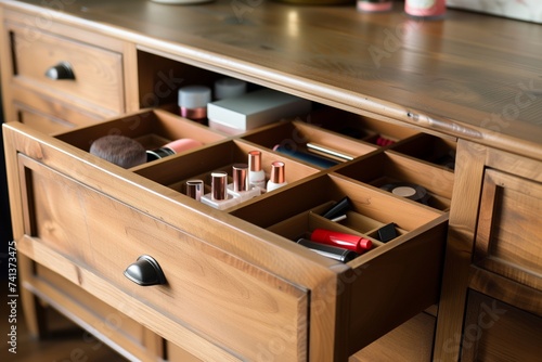 drawer divider for cosmetics in a wooden dresser with open drawers