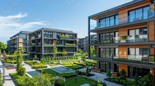 modern apartments with green spaces and communal areas, clear blue photo