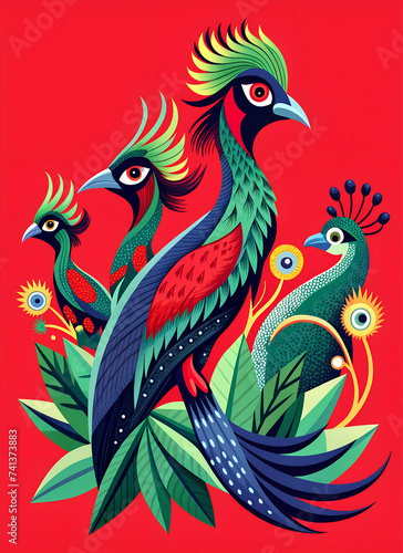 background with birds. Fantastic birds, floral motifs, floral background. Cover, poster, children's book.