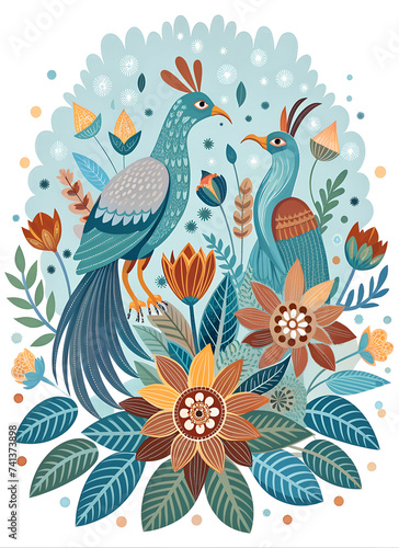 background with birds. Fantastic birds  floral motifs  floral background. Cover  poster  children s book.