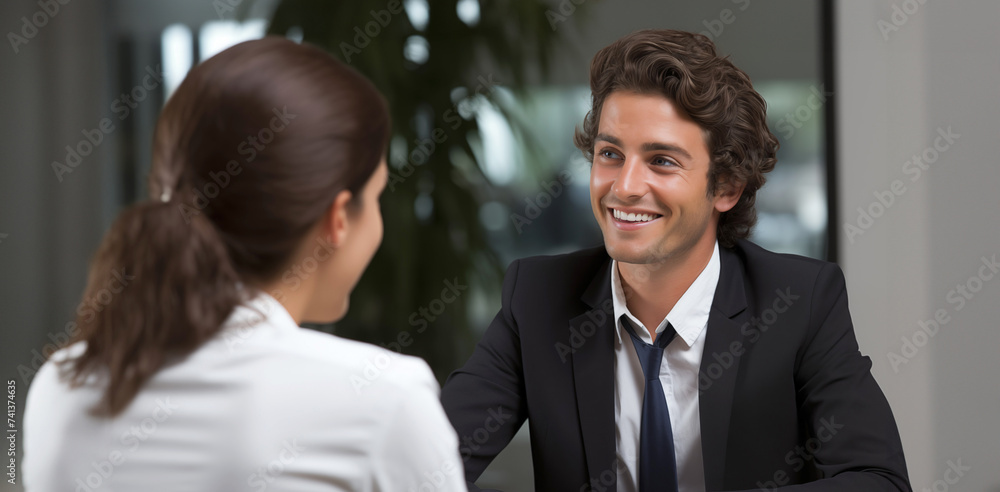 Portrait of happy young businessman and businesswoman talking in office lobby Portrait of happy young businessman and businesswoman talking in office lobby
