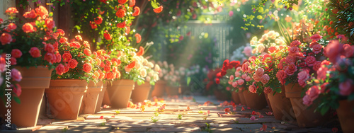 a pathway of potted flowers with sunlight shining on them
