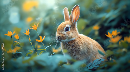 Eastern cottontail explores a vibrant garden, surrounded by colorful flowers and basking in the warm outdoor sunlight photo