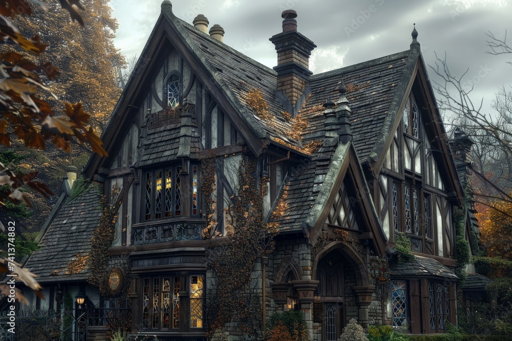 A charming timber-framed building with steeply pitched roofs, leaded glass windows, and decorative half-timbering, evoking the charm of Tudor-era architecture A charming timber-framed building with steeply pitched roofs, leaded glass windows, and decorative half-timbering, evoking the charm of Tudor-era architecture