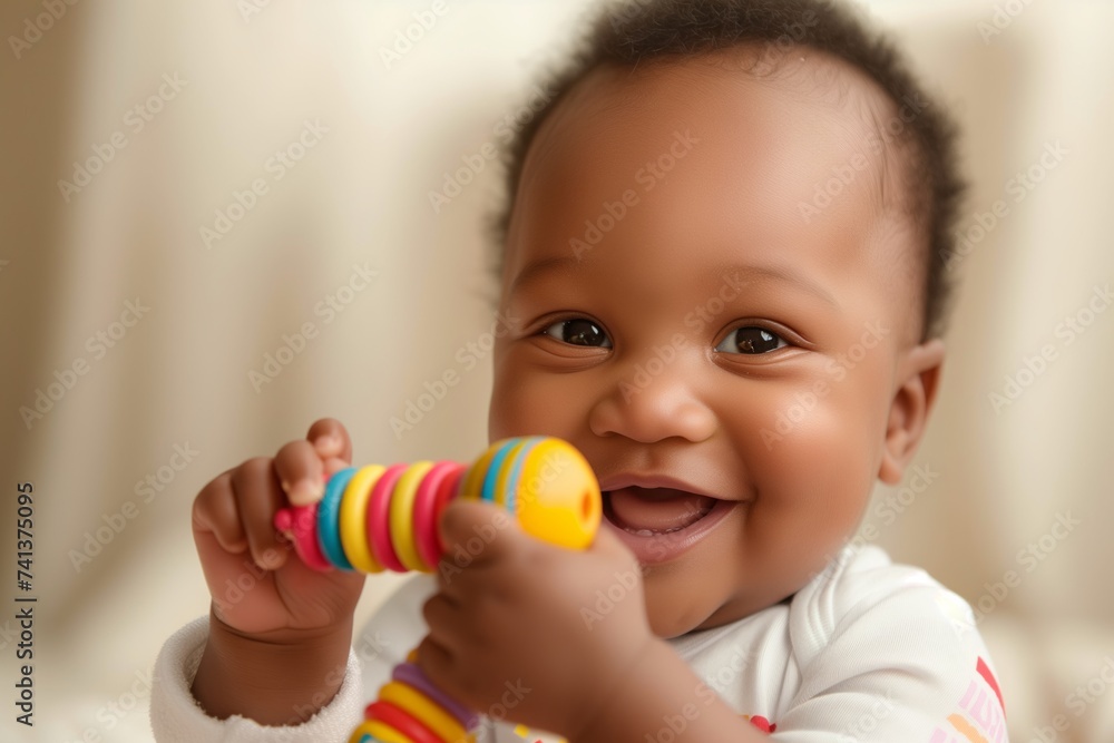 baby grasping a colorful rattle, focus on the joyous expression baby grasping a colorful rattle, focus on the joyous expression