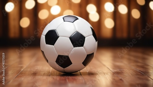 The soccer ball is placed on a wooden floor and has a blurred background with beautiful bokeh.