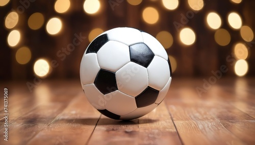 The soccer ball is placed on a wooden floor and has a blurred background with beautiful bokeh.