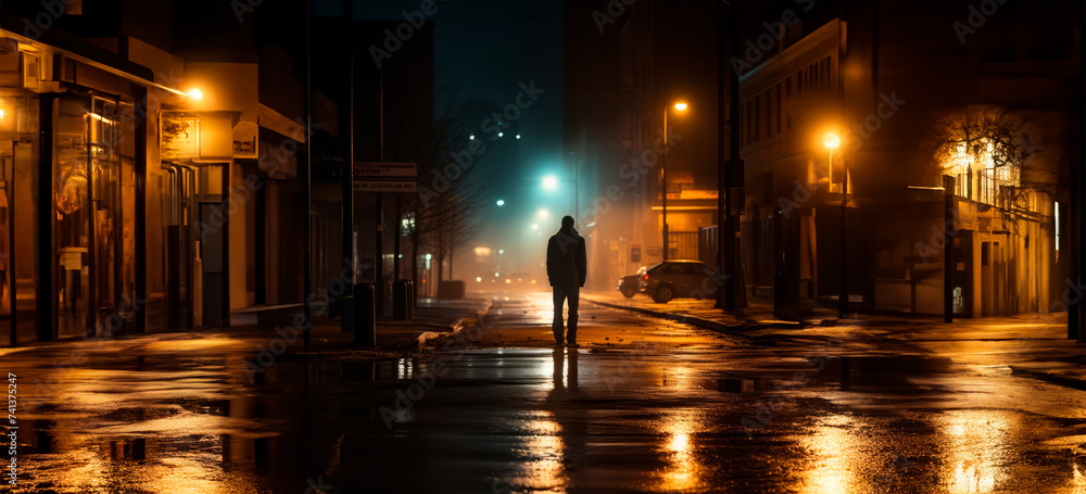 A lone man stands in the center of a wet urban street at night, surrounded by the ambient light of the city, creating a reflective atmosphere.