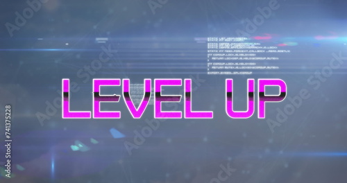 Image of level up text over data processing and sky with clouds