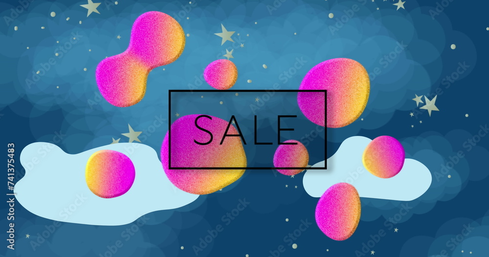 Obraz premium Image of sale text in black in black frame over multi coloured splodges on blue sky with stars