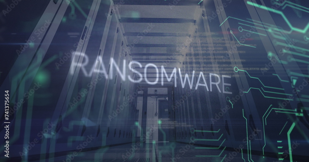 Image of ransomware text and data processing over server room Image of ransomware text and data processing over server room
