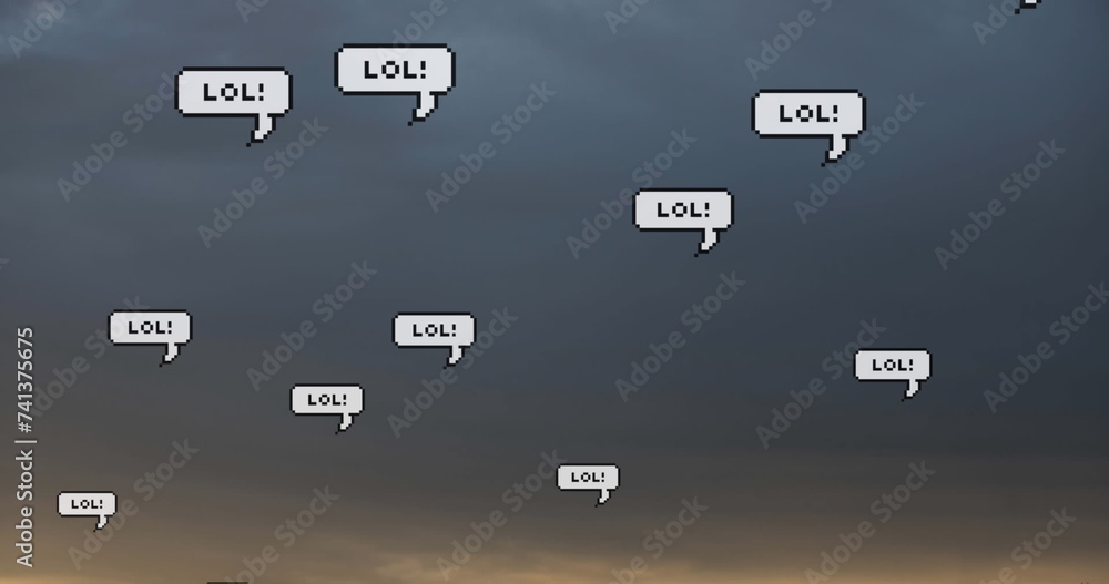 Naklejka premium Image of social media text on banners with speech bubbles over sky in background
