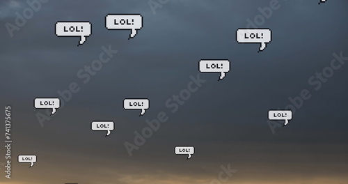 Image of social media text on banners with speech bubbles over sky in background