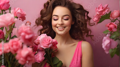 International Women's Day. An incredibly happy woman in a bright pink dress smells like a bouquet of spring flowers, which she holds in her hands