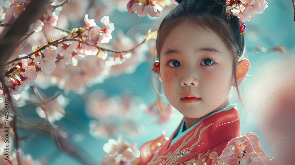 Cute asian little girl in traditional Chinese costume with sakura blossom background Cute asian little girl in traditional Chinese costume with sakura blossom background
