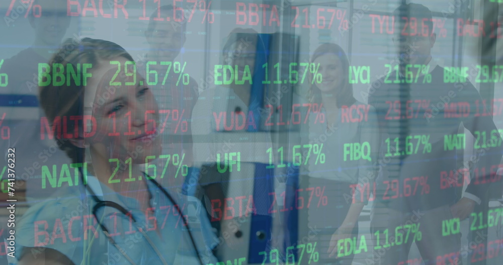 Image of data processing over female doctor with stethoscope Image of data processing over female doctor with stethoscope