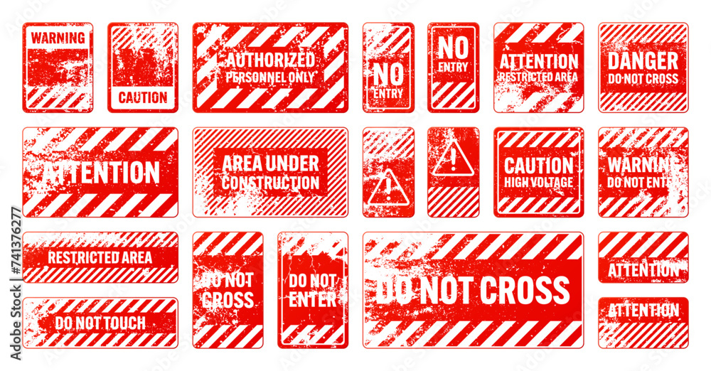 Red grunge warning signs with diagonal lines. Old attention, danger or caution sign, construction site signage. Realistic notice signboard, warning banner, road shield. Vector illustration Red grunge warning signs with diagonal lines. Old attention, danger or caution sign, construction site signage. Realistic notice signboard, warning banner, road shield. Vector illustration