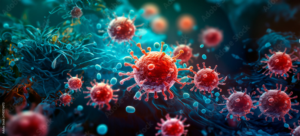 Detailed microscopic imagery of red virus particles in a blue environment, evoking medical urgency. - obrazy, fototapety, plakaty 