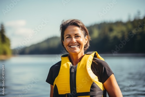 Portrait of a happy senior woman in a life jacket standing on the shore of a lake. © Nerea