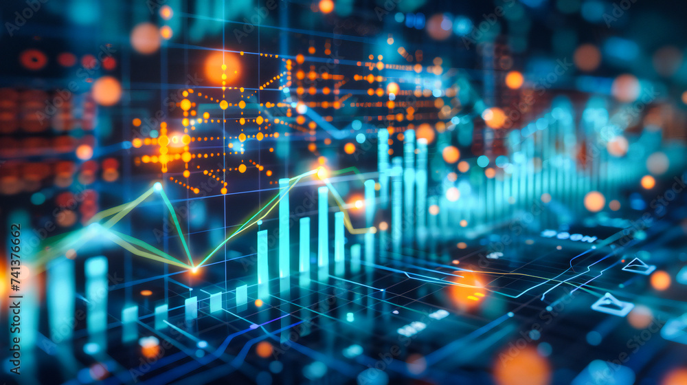 Digital technology in business and finance, illustrating stock trading and market analysis with futuristic graphs and data Digital technology in business and finance, illustrating stock trading and market analysis with futuristic graphs and data