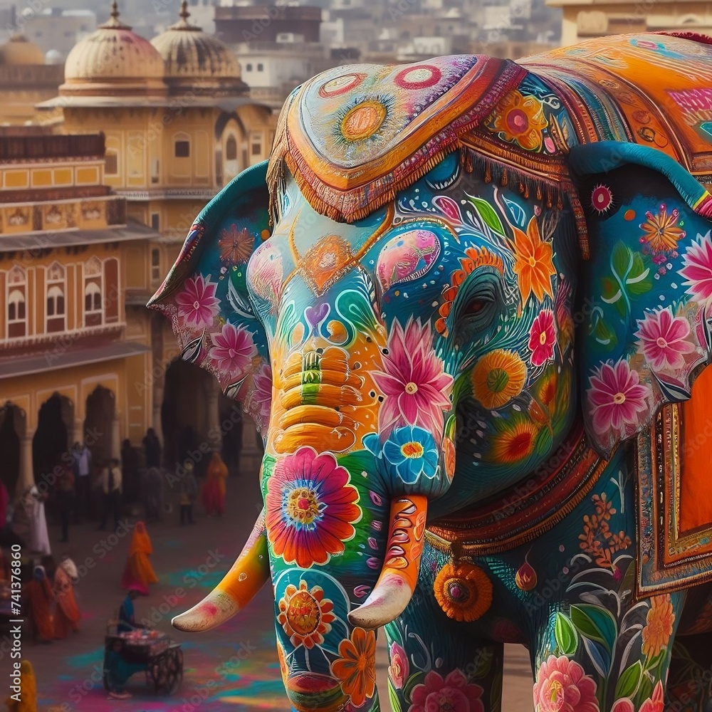 Colorful hand painted elephant , Holi festival with royal look.