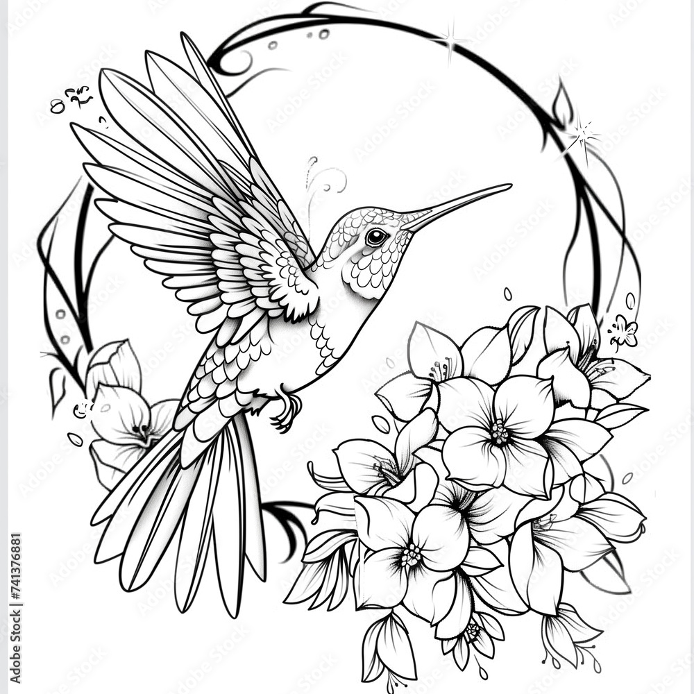Fototapeta premium Black and white Hummingbird and flowers tattoo design
